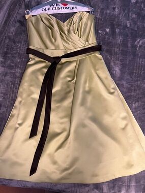 Strapless Lime Green Satin Dress with Contrast Brown Sash